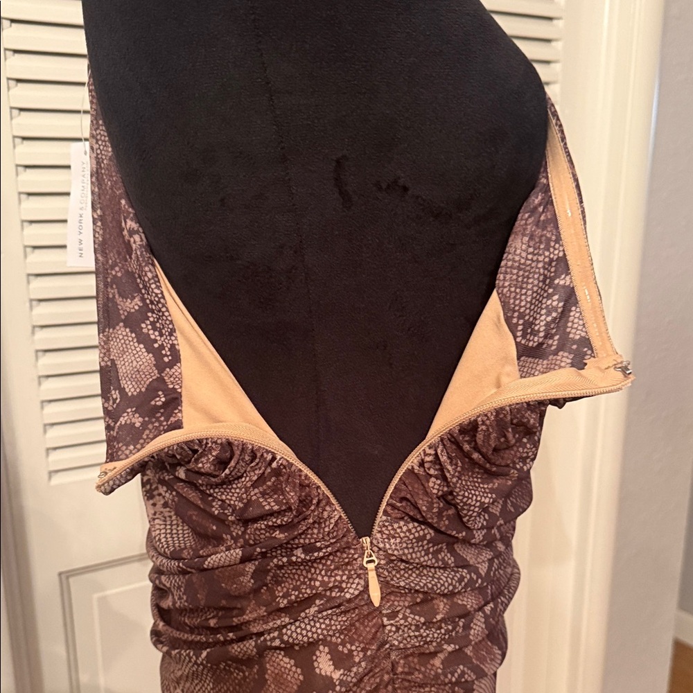 New York & Company Brown Snake-Print One-Shoulder Ruched Midi Dress - Picture 5 of 6